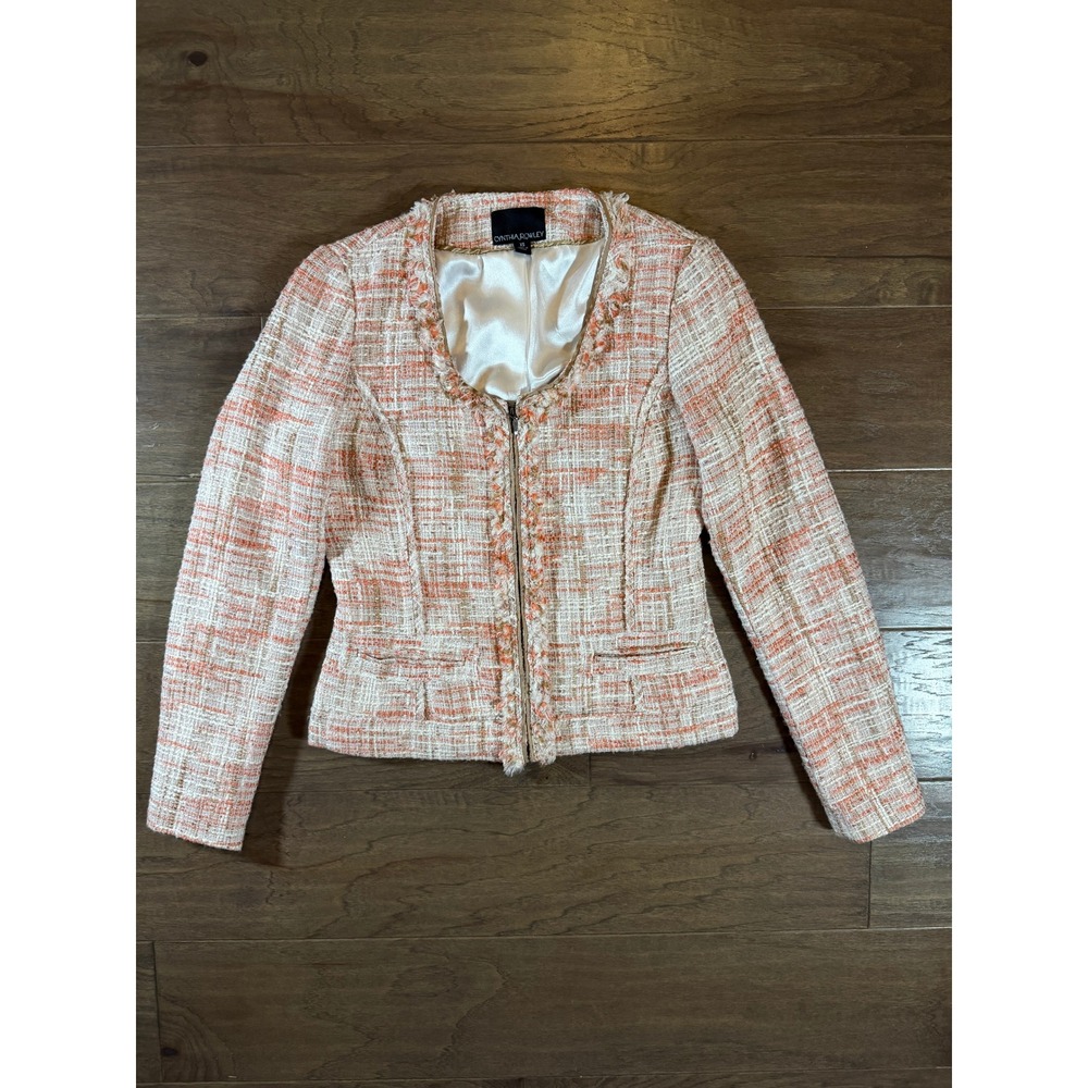 Cynthia Rowley Orange Cream‎ Tweed Fringe Zip Front Blazer Jacket Womens XS